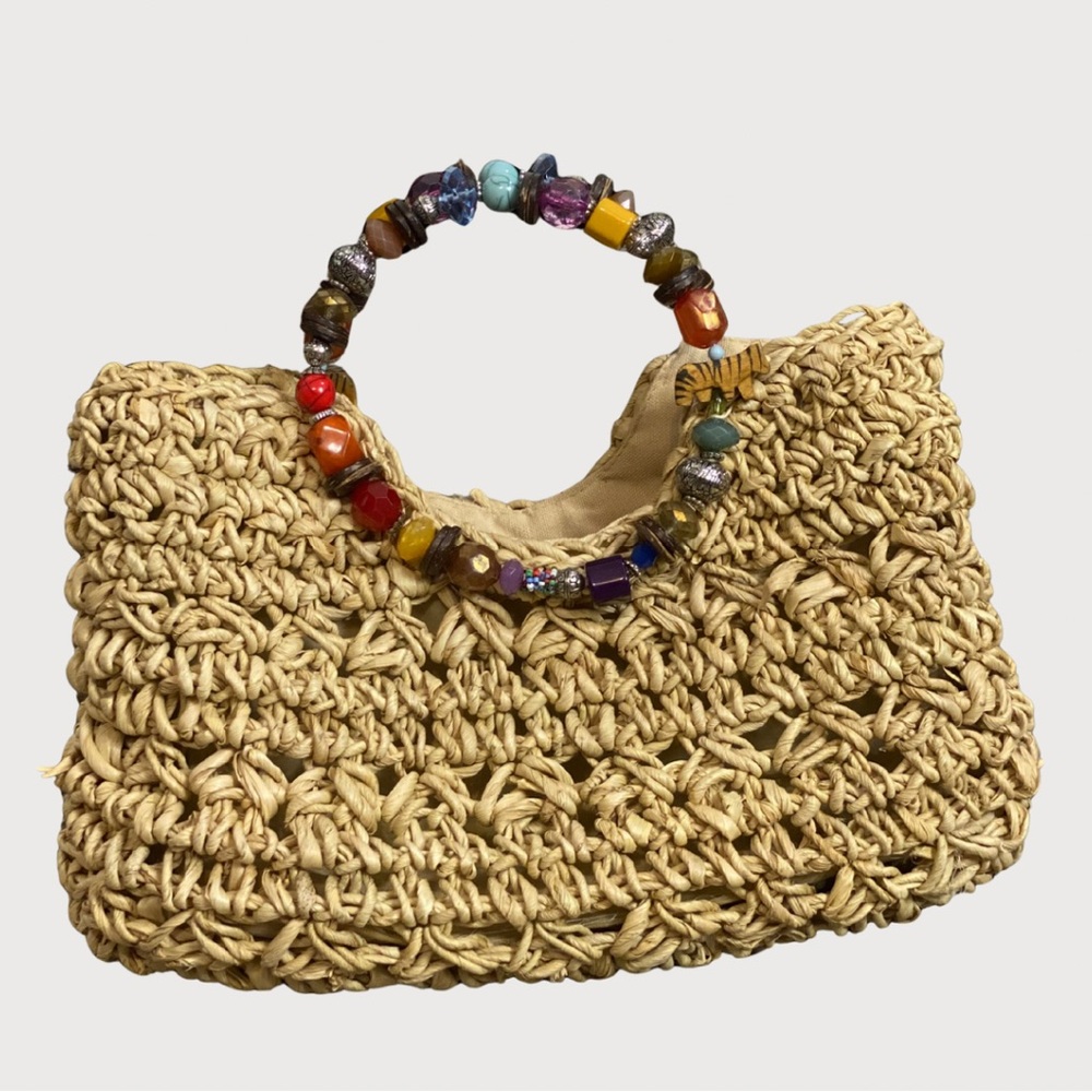 Boho Straw Woven Handbag Beaded Handle Coastal Summer Resort Bag